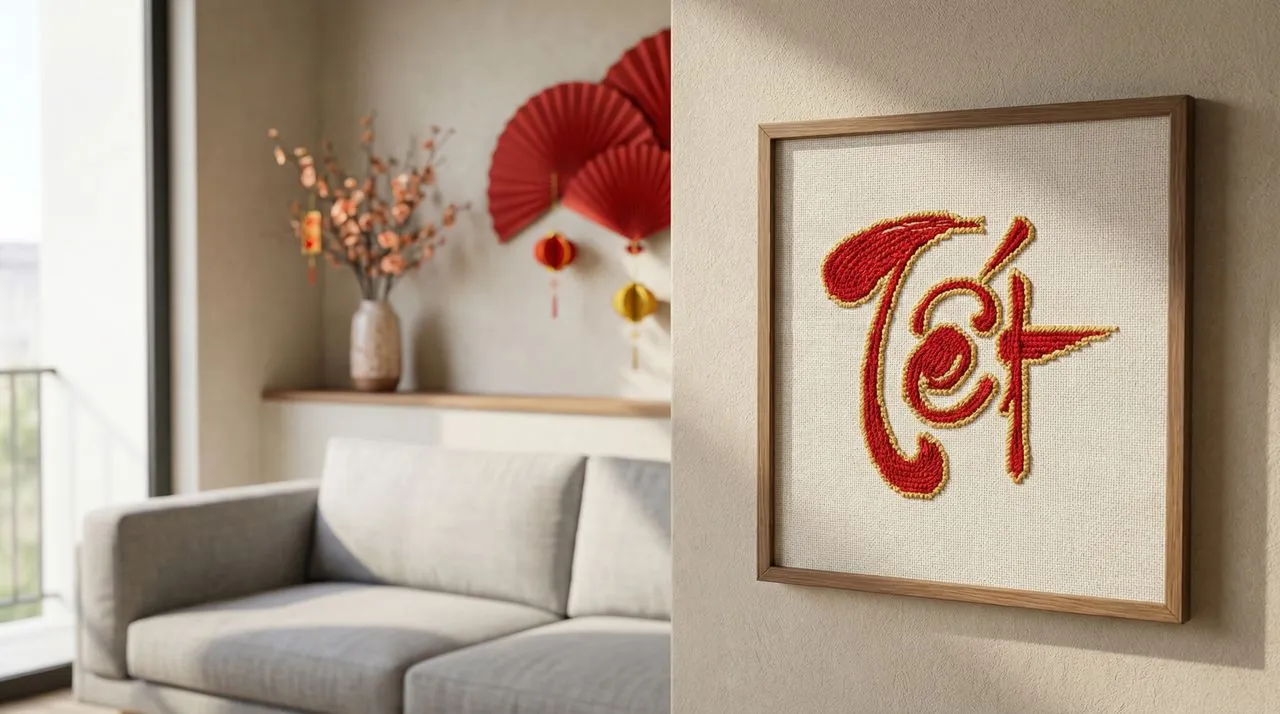 Trang trí góc nhà ngày tết thêm xinh xắn với bức tranh thêu chữ Tết mộc mạc, xinh xắn