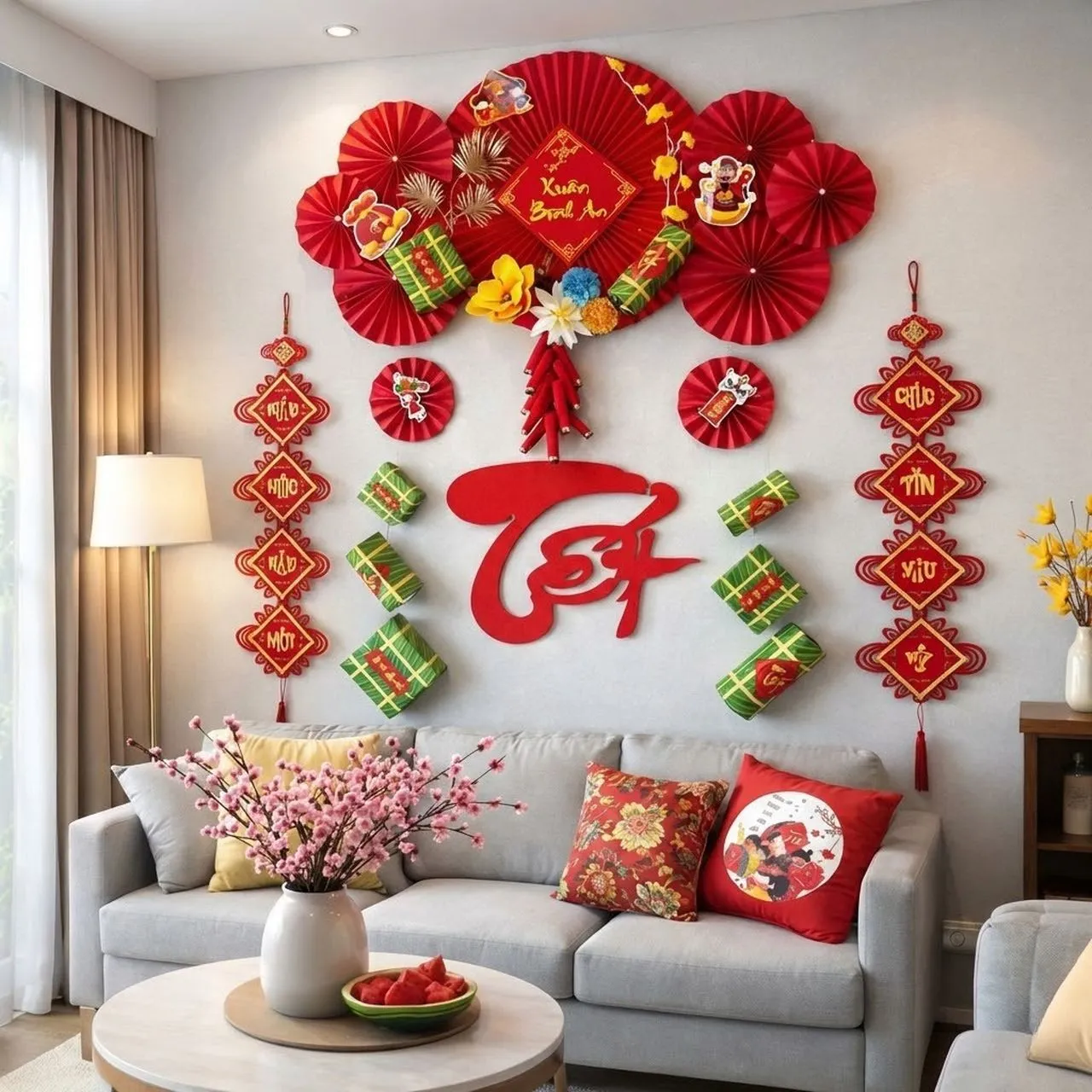 Mang không khí xuân rộn ràng vào nhà với cặp câu đối đỏ rực rỡ treo nổi bật trên tường phòng khách.