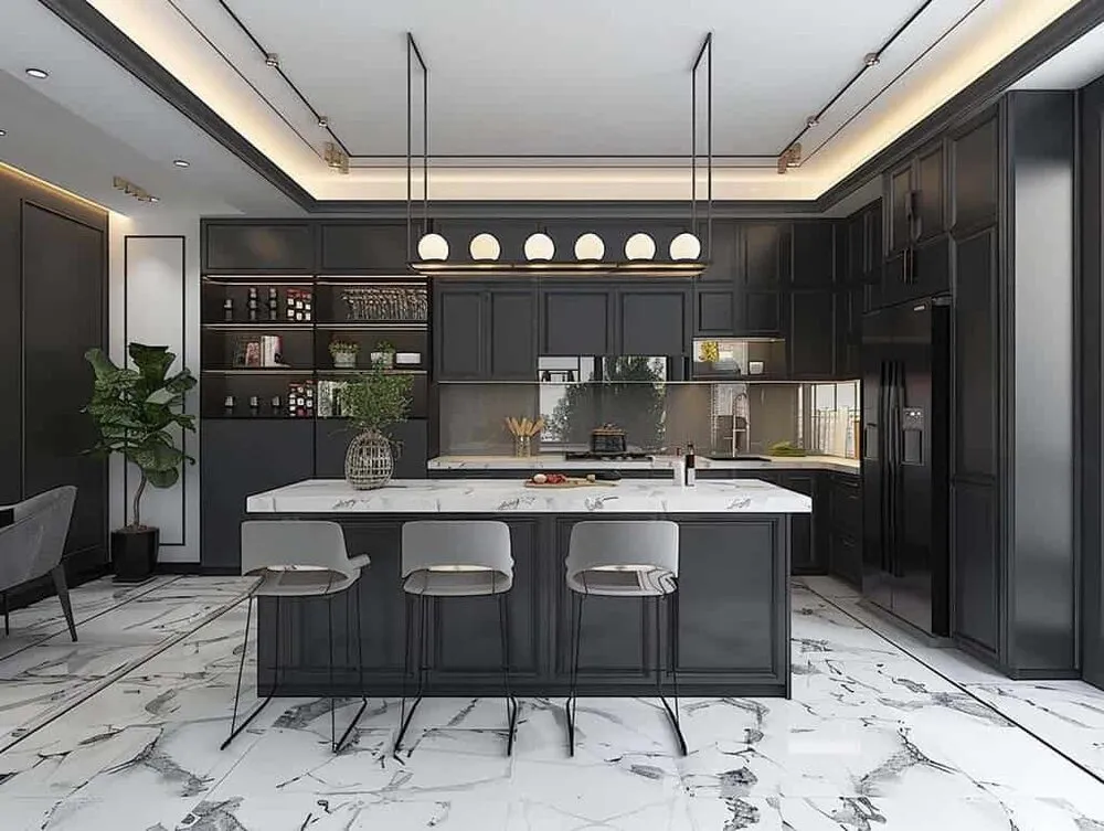 Tủ bếp tân cổ điển có quầy bar