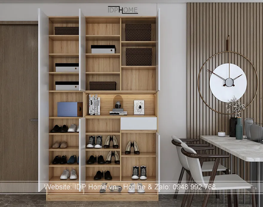 Góc nhìn tổng thể mẫu tủ giầy bằng gỗ đẹp TG6812 tại phòng khách
