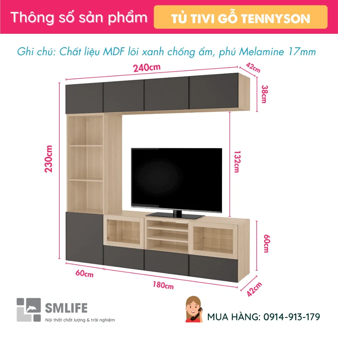 Tủ gỗ để tivi phòng khách thiết kế treo tường và đặt sàn phối hợp