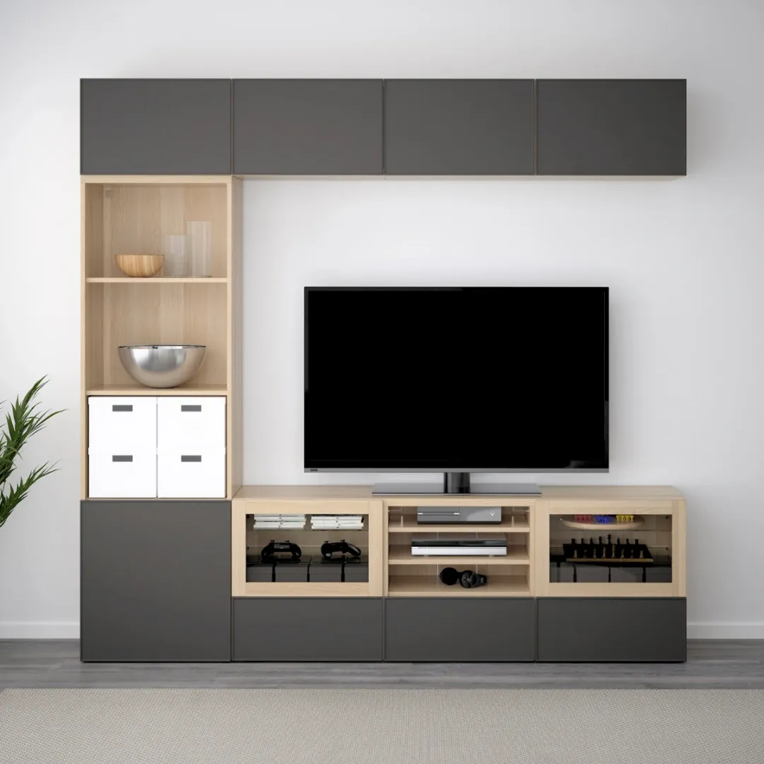 Mẫu tủ gỗ để tivi phòng khách tổng thể với màu vân gỗ trung tính