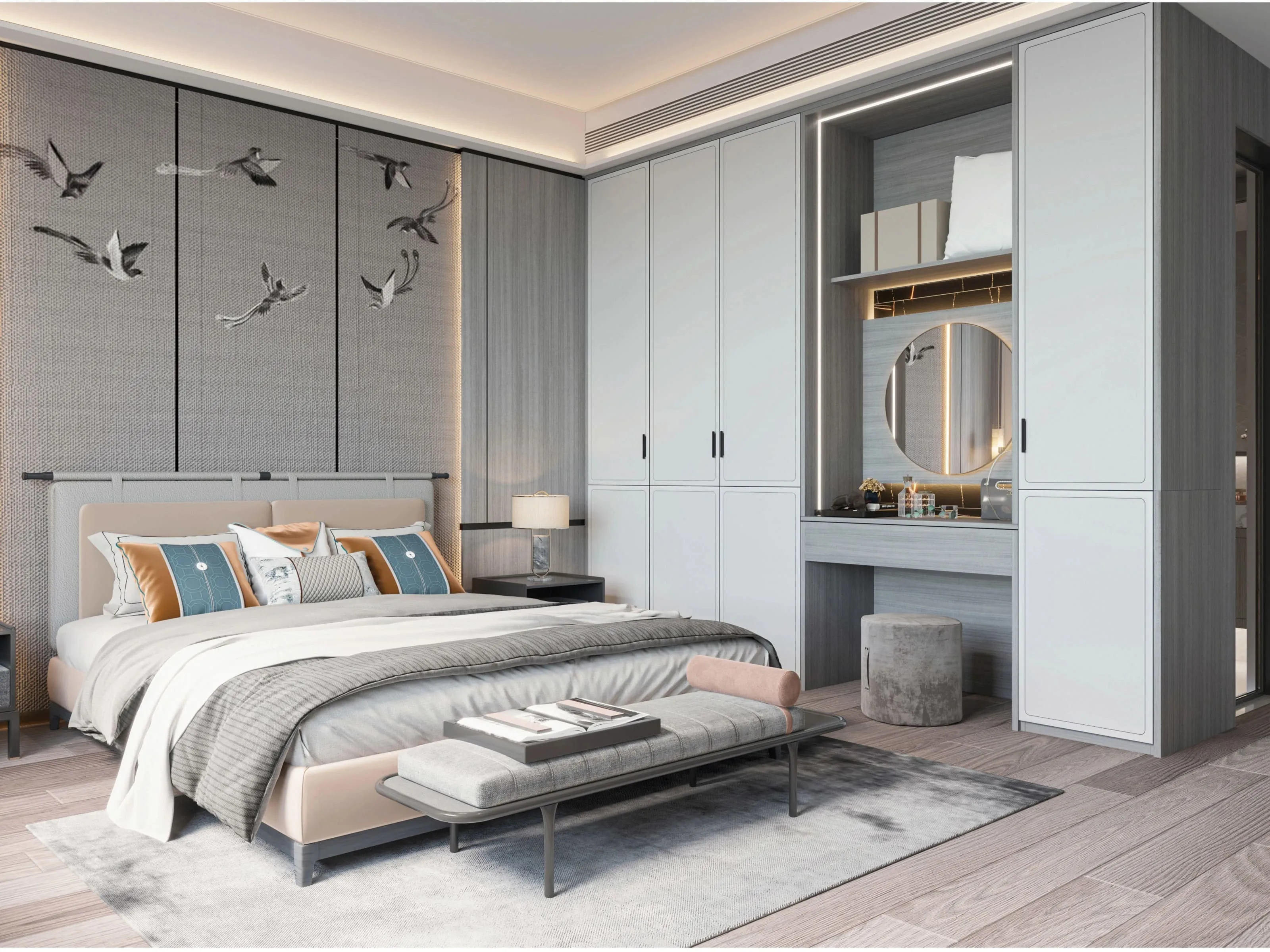 Tủ quần áo thông minh kết hợp bàn trang điểm giúp tối ưu không gian và công năng sử dụng.