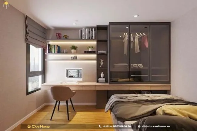 Thiết kế tủ quần áo kết hợp bàn học âm tường hiện đại