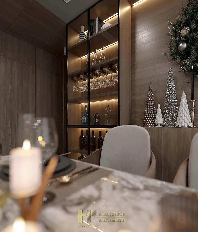 mẫu tủ rượu phòng khách hiện đại âm tường vân gỗ trầm