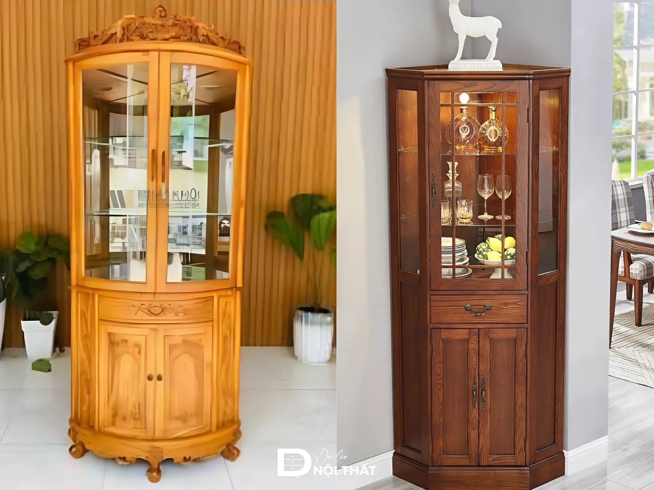 Tủ rượu góc phòng khách làm từ gỗ tự nhiên màu nâu socola sang trọng