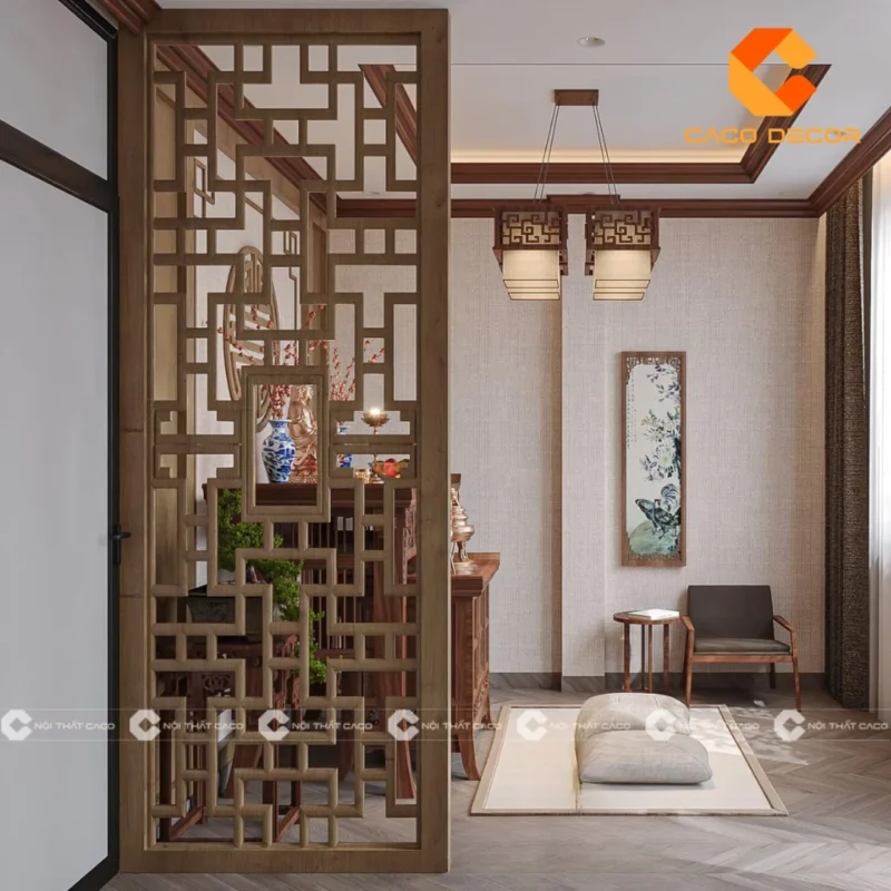 mẫu vách ngăn bàn thờ đẹp phân chia phòng khách và khu thờ