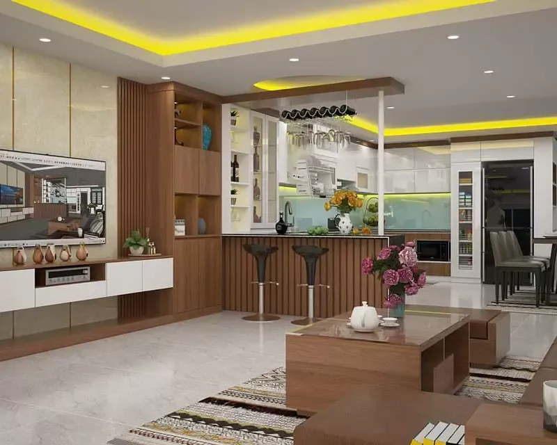 Mẫu vách ngăn bếp và phòng khách hiện đại