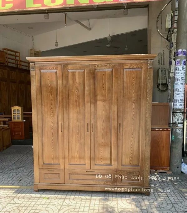 Tủ áo gỗ sồi nga 4 cánh trơn màu nâu đỏ