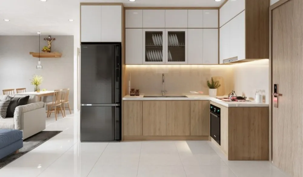 Bếp chữ L tông trắng gỗ