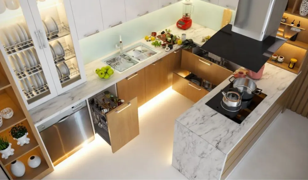 Tủ bếp chữ U gỗ công nghiệp