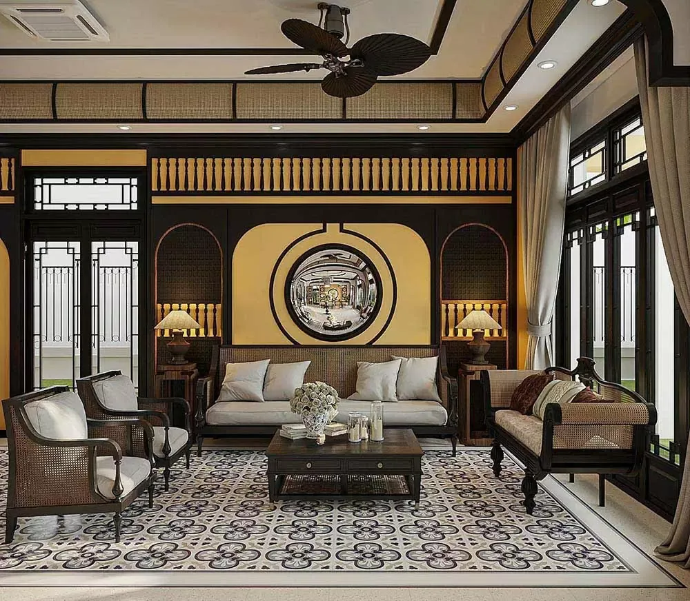 Phòng khách nhà cấp 4 phong cách Indochine, gỗ căm xe, hoa văn truyền thống