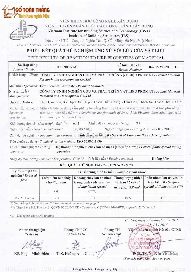 Phiếu thử nghiệm chất lượng tấm Nhựa Picomat