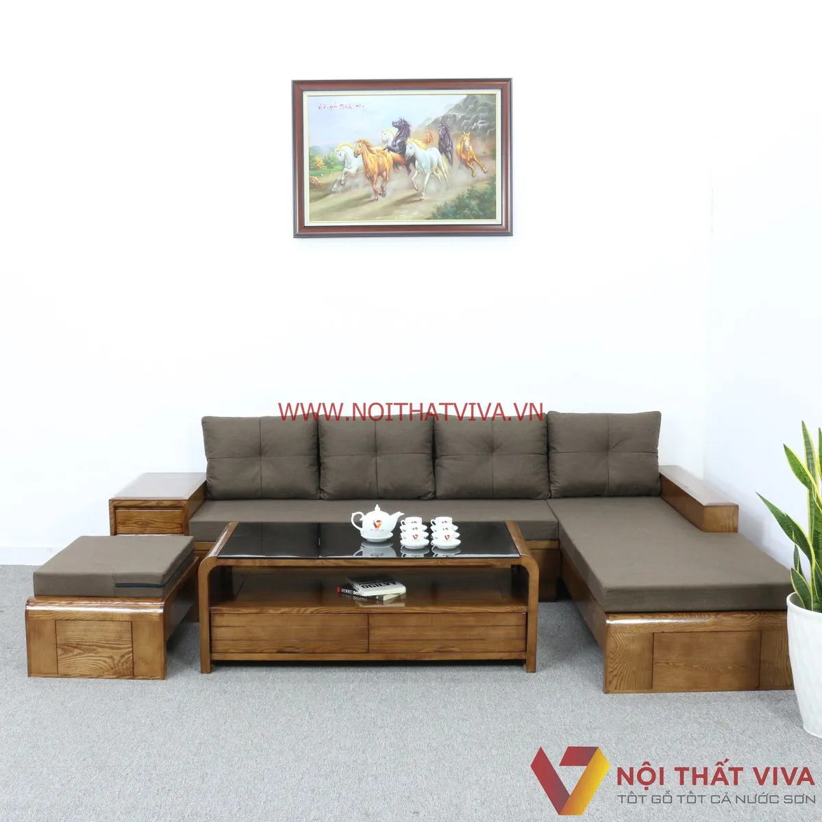 Mẫu bàn ghế phòng khách nhỏ gọn sofa góc chữ L gỗ sồi tự nhiên màu óc chó kết hợp đệm