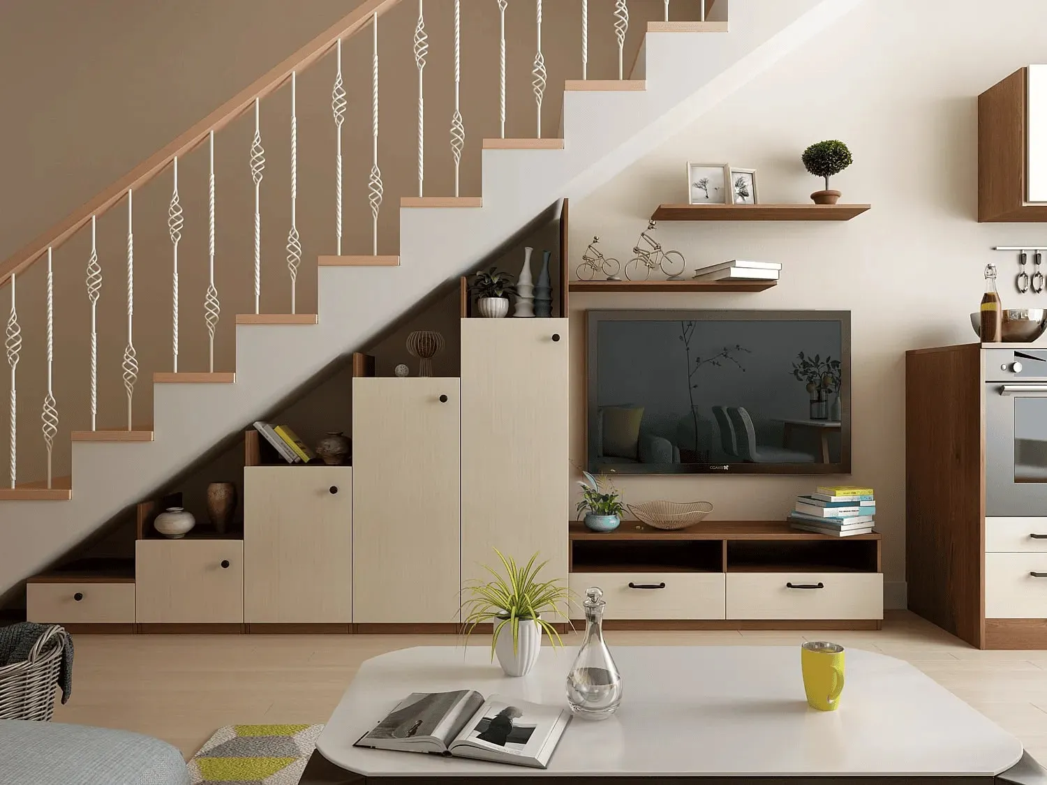 Lắp đặt kệ tivi gầm cầu thang sau khi nhà hoàn thiện