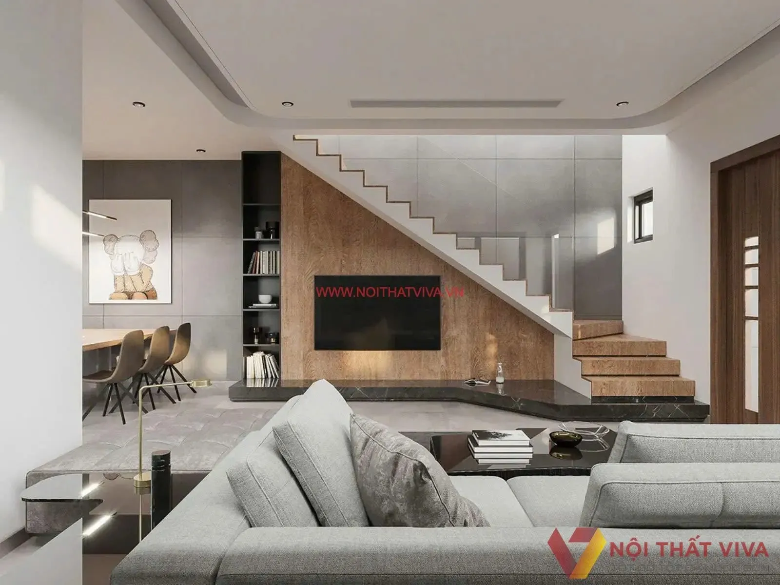 Kệ tivi gầm cầu thang nhựa giả gỗ