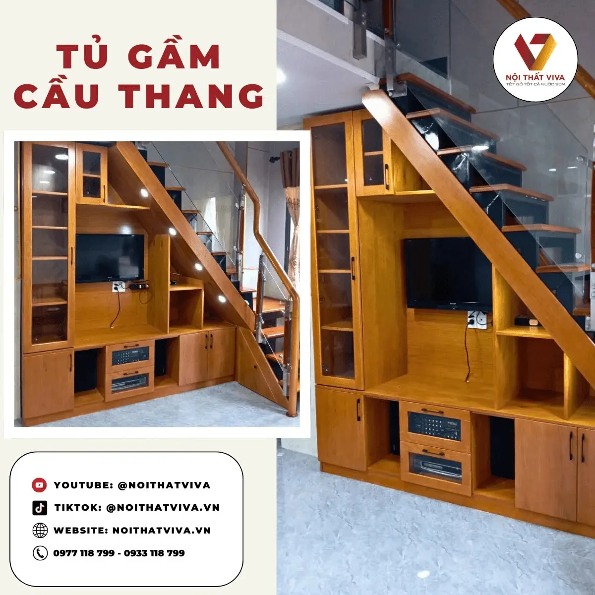 Thiết kế kệ tivi gầm cầu thang đồng bộ