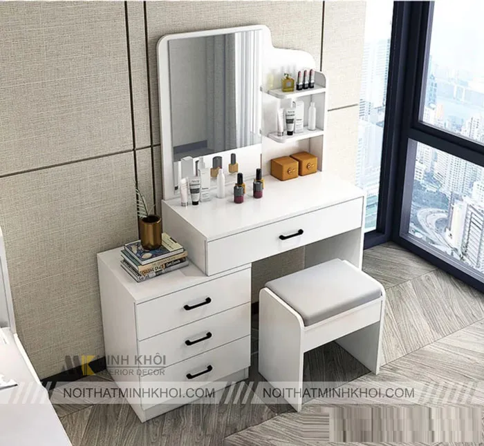 Mẫu bàn trang điểm gỗ công nghiệp hiện đại gương tròn