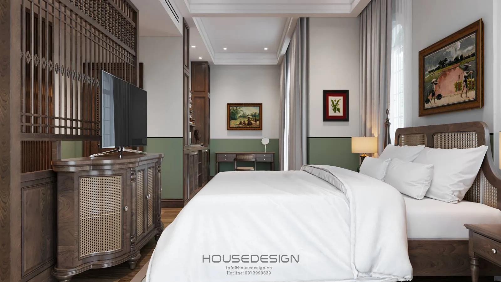 Phòng nghỉ với hệ thống rèm cửa hiện đại