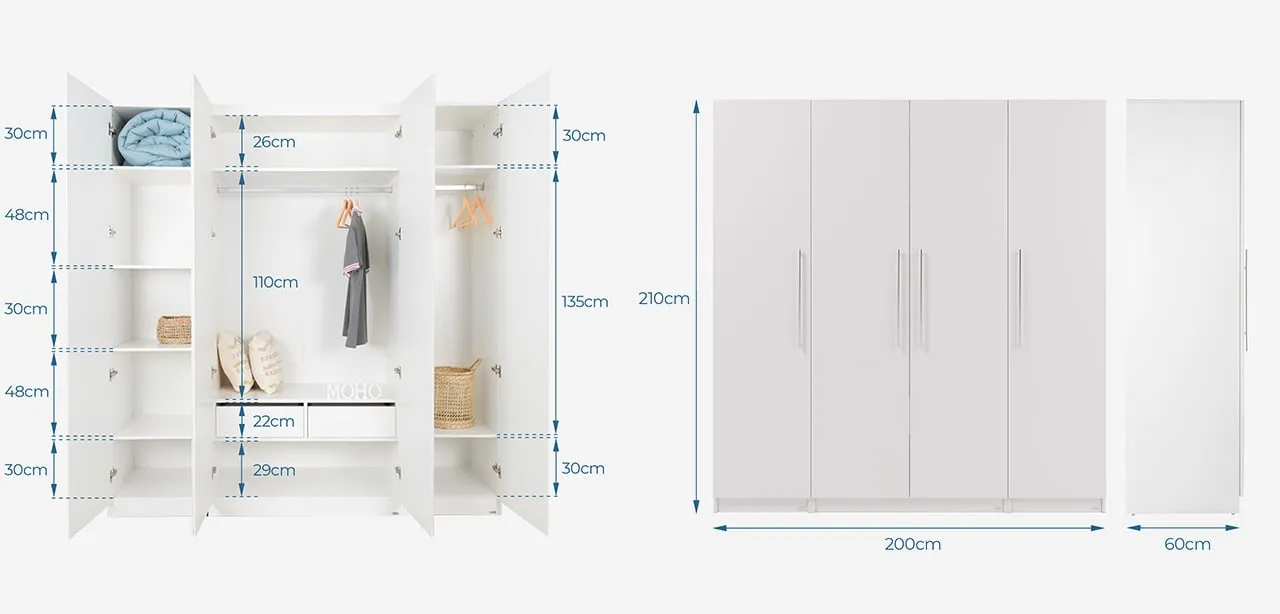 Kích thước chi tiết tủ quần áo bốn cánh hiện đại tối ưu công năng sử dụng