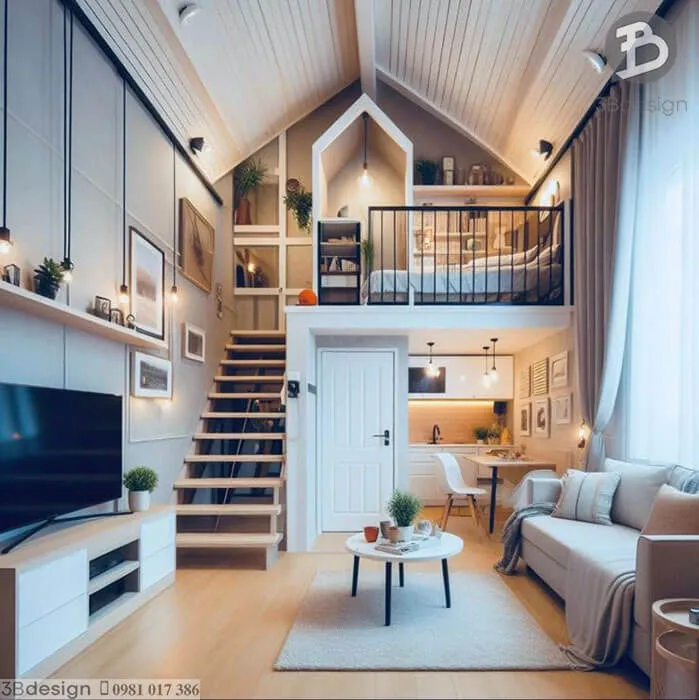 Nội thất nhà cấp 4 diện tích nhỏ với phòng khách liền bếp