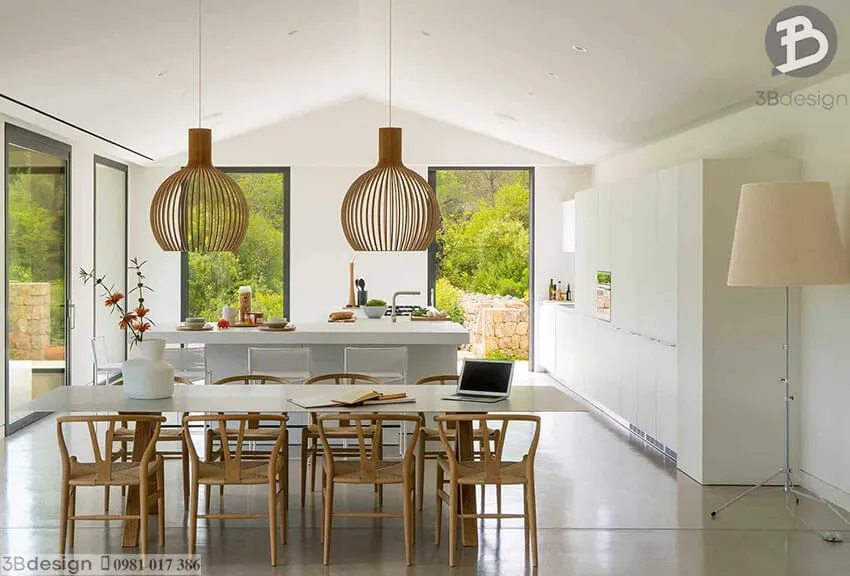 Nội thất nhà cấp 4 phòng khách liền phòng bếp không gian mở