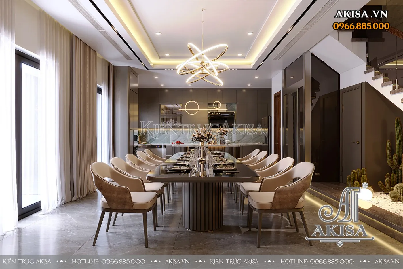 Khu vực phòng ăn sang trọng với bộ bàn ghế bằng gỗ công nghiệp cao cấp được thiết kế tinh xảo