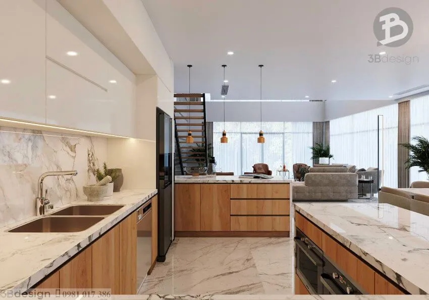 Nội thất phòng bếp liền phòng khách nhà cấp 4 phong cách hiện đại