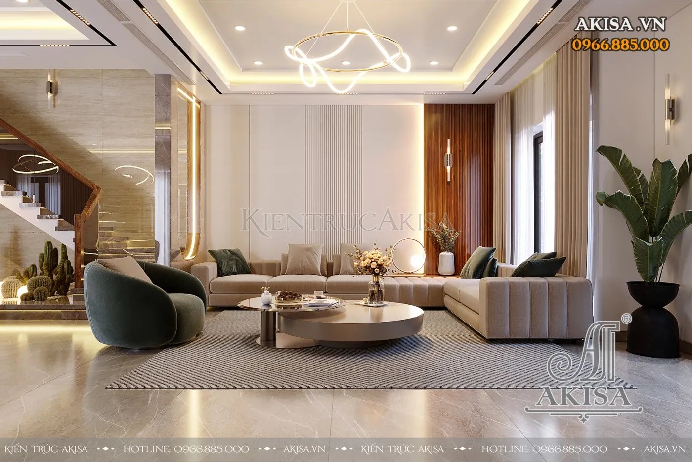 Góc nhìn khác của phòng khách cho thấy sự tinh tế trong việc sắp xếp bố cục nội thất gỗ công nghiệp