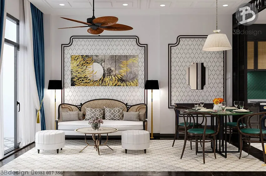 Nội thất phòng khách liền bếp nhà cấp 4 phong cách Đông Dương Indochine