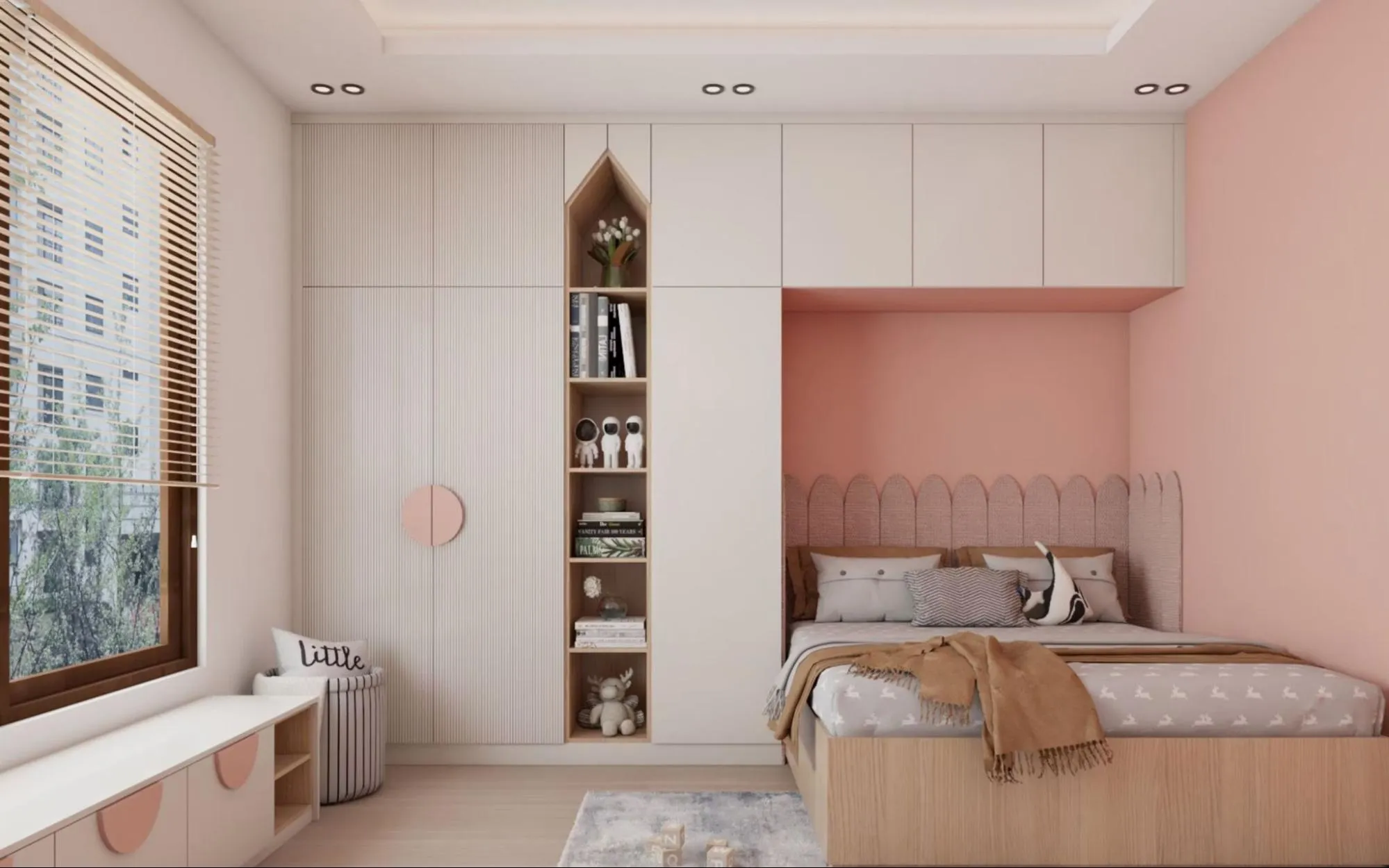 Phòng ngủ bé gái với nội thất gỗ tự nhiên an toàn