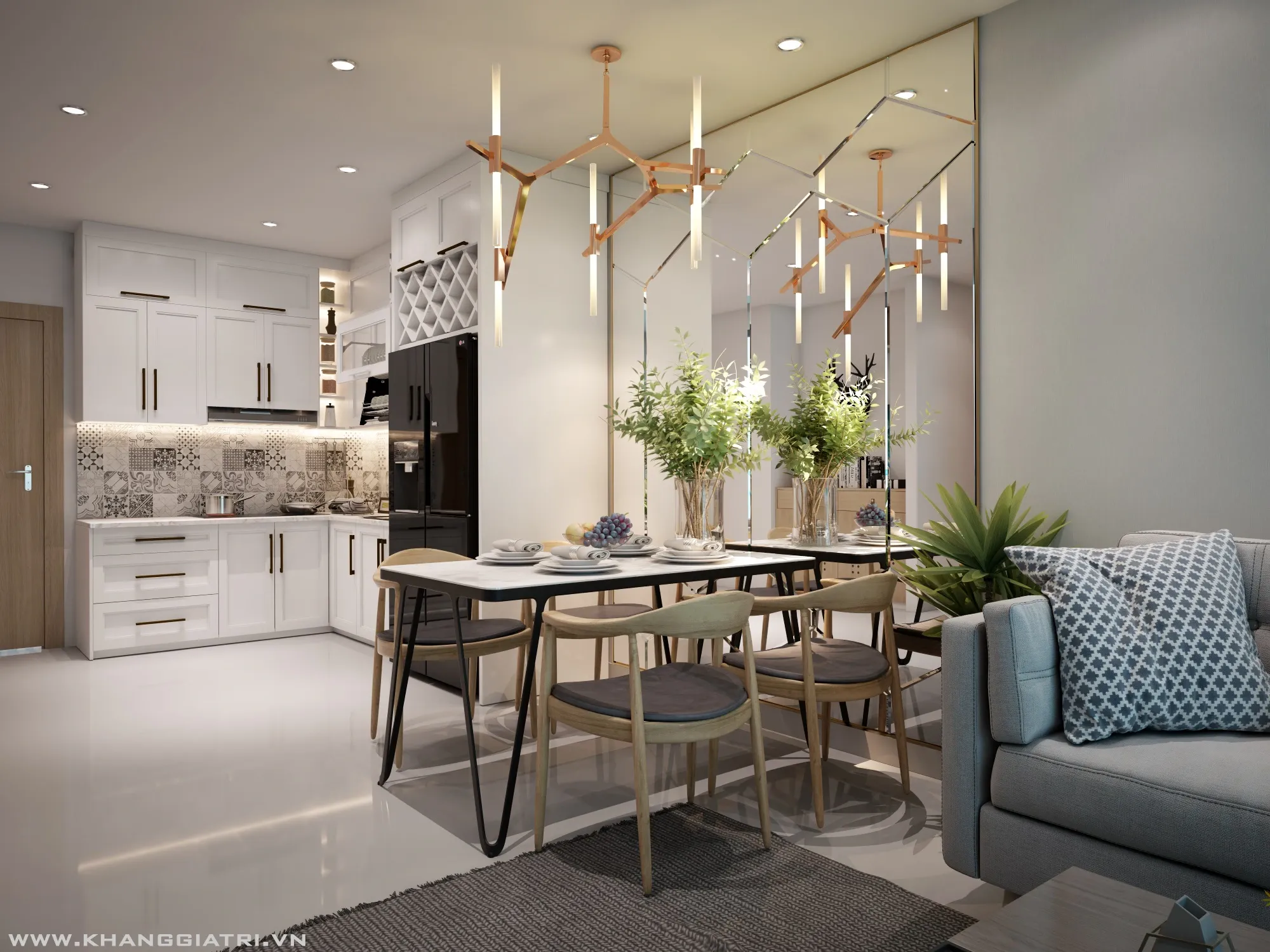 Phối cảnh phòng bếp gỗ sồi chữ L hiện đại