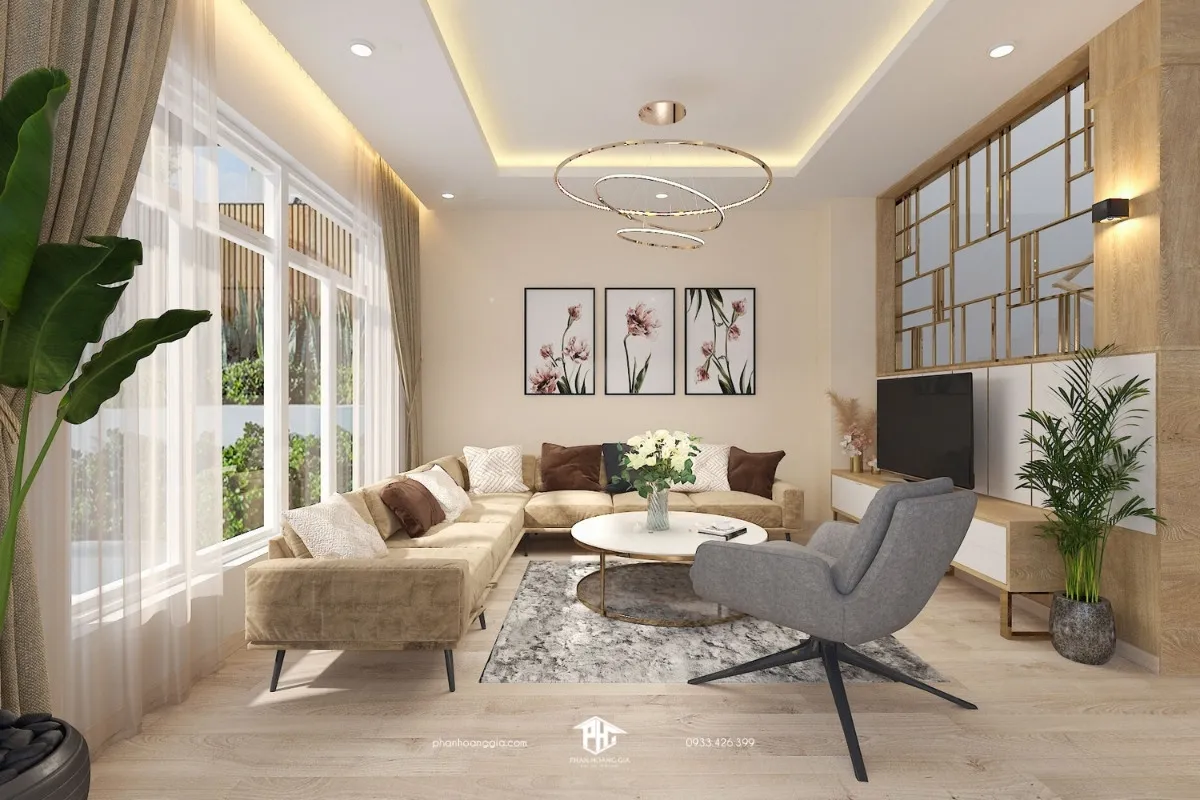 Phối cảnh phòng khách biệt thự nhà vườn