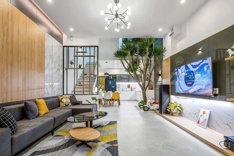 Không gian mở giữa bếp và phòng khách nhà ống