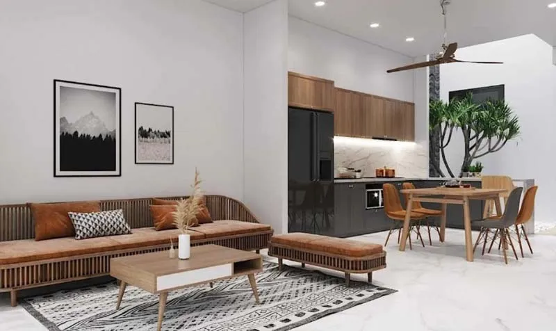 Thiết kế phòng bếp và phòng khách nhà ống 5m