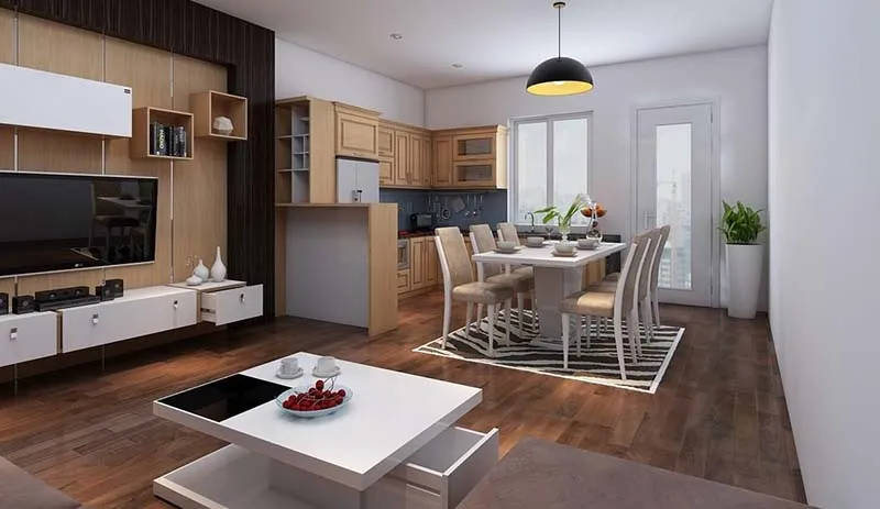 Thiết kế phòng bếp mở nối liền bếp và phòng khách