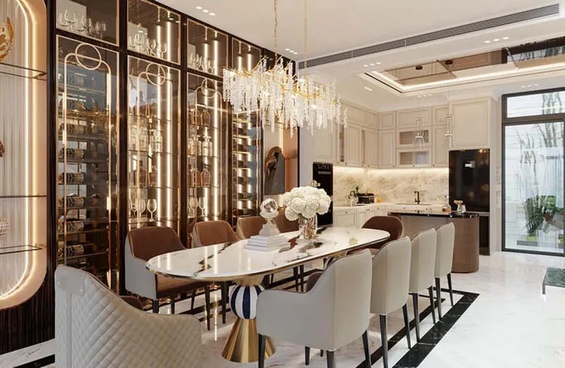 Không gian phòng bếp kết hợp phòng ăn nhà ống