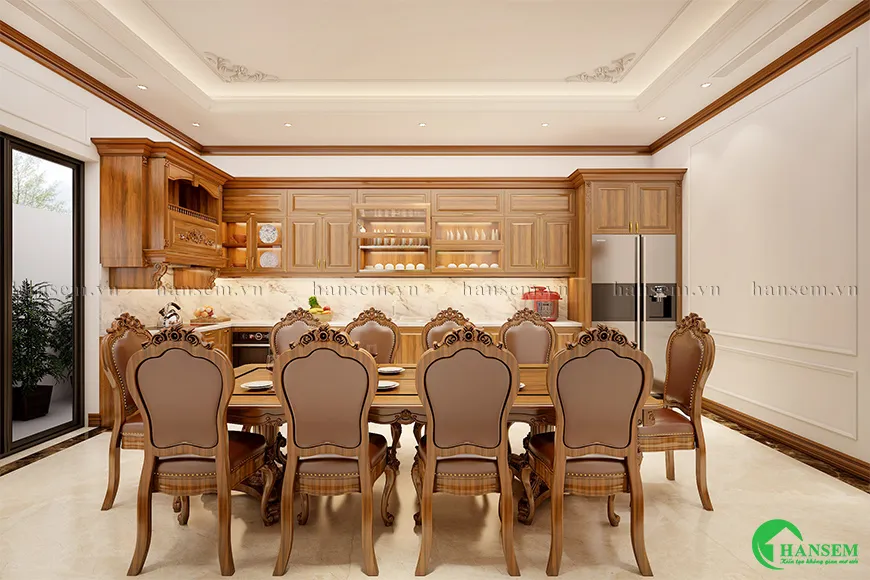 Tủ bếp gỗ tân cổ điển cao cấp phong cách hoàng gia