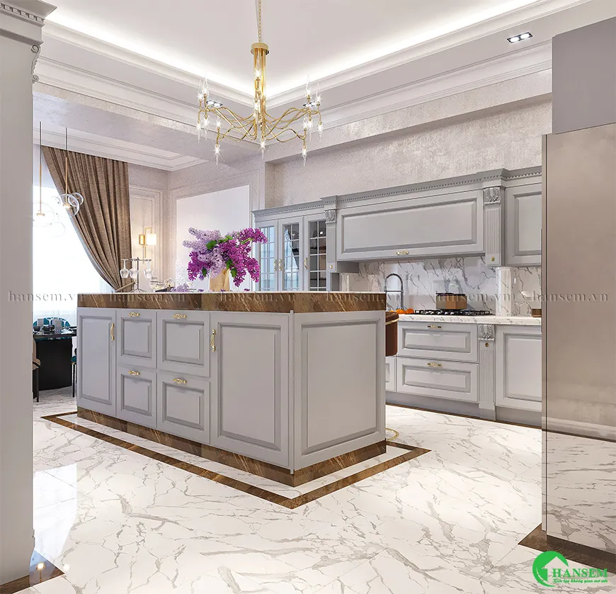 Đảo bếp phong cách cổ điển thiết kế tay nắm có hoa văn tỉ mỉ