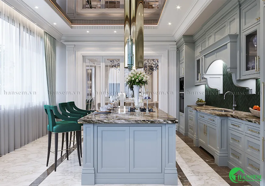 Đảo bếp phong cách cổ điển nhưng vẫn thể hiện sự sang trọng và cao cấp