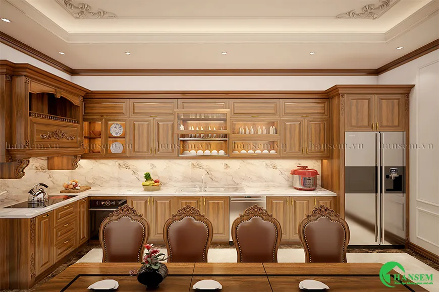 Combo màu gỗ với ánh sáng của căn bếp thêm sang trọng