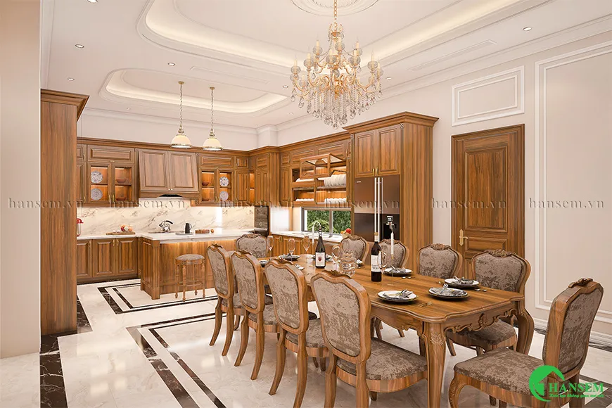 Phòng bếp gỗ gõ đỏ kết hợp màu nâu trầm ấm và bọc vải nỉ sang trọng