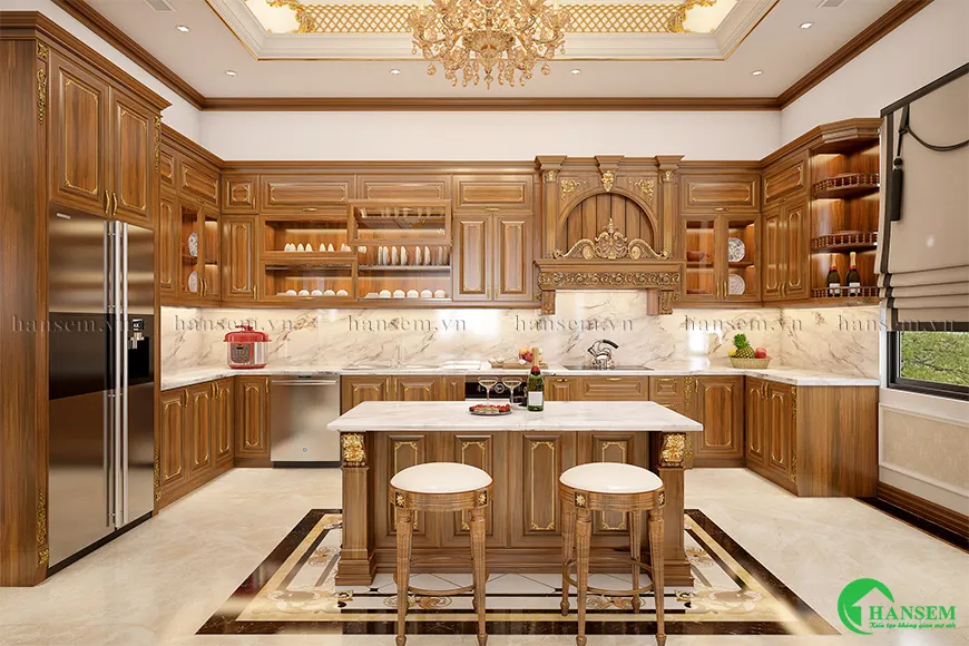 Họa tiết chạm trổ và mạ vàng ở tủ và đảo bếp