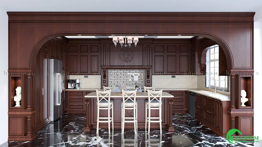 Tủ bếp hình chữ U sắc màu nâu trầm kết hợp màu trắng sữa rất nhẹ nhàng