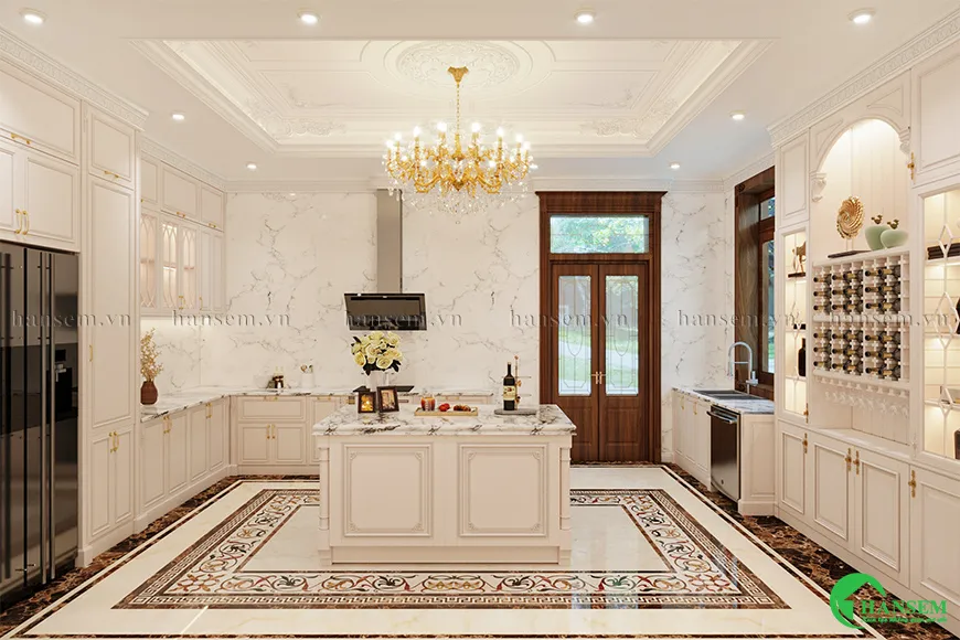 Tủ bếp màu trắng mạ vàng, tối ưu không gian rộng rãi và thoáng đãng