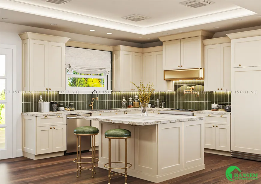 Tông màu trắng chủ đạo, phòng bếp trở nên trang trọng và tinh tế