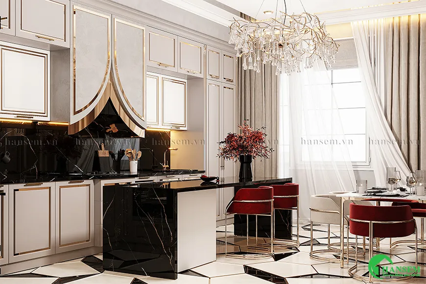 Bàn bếp và đảo bếp ốp đá tự nhiên đem lại cho căn phòng trở nên cao cấp