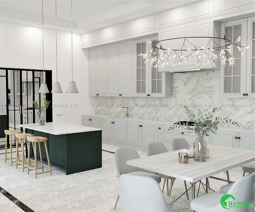 Ở mẫu bếp này đá hoa cương góp phần không nhỏ để căn phòng sạch sẽ hơn