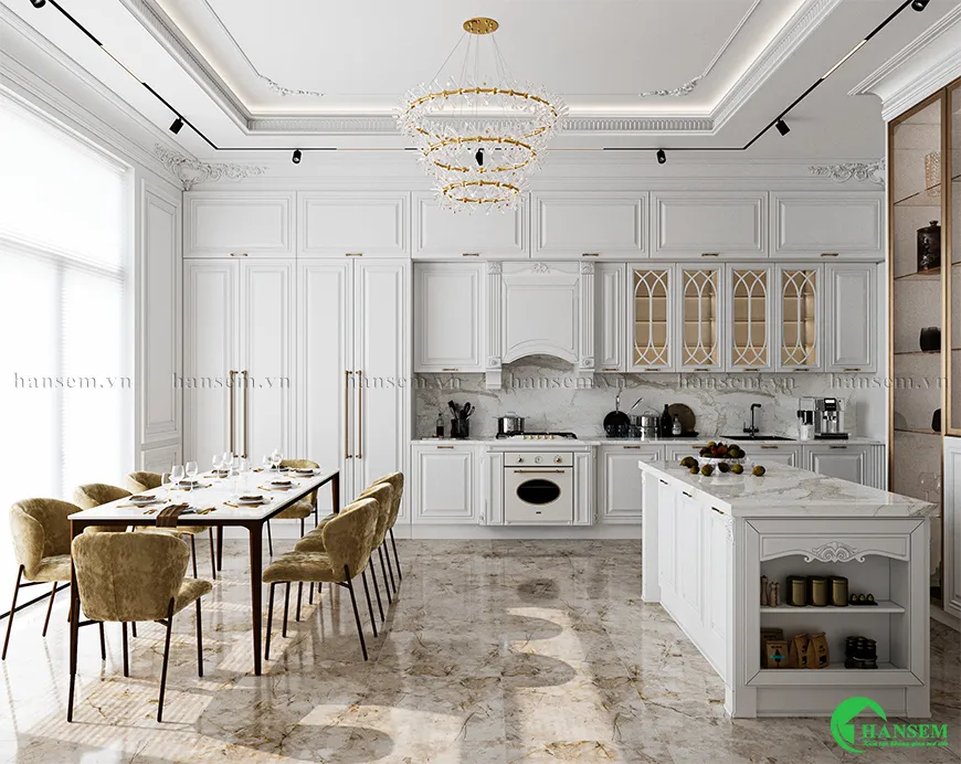 Mẫu bếp tân cổ điển chữ I với màu trắng chủ đạo và thông dụng
