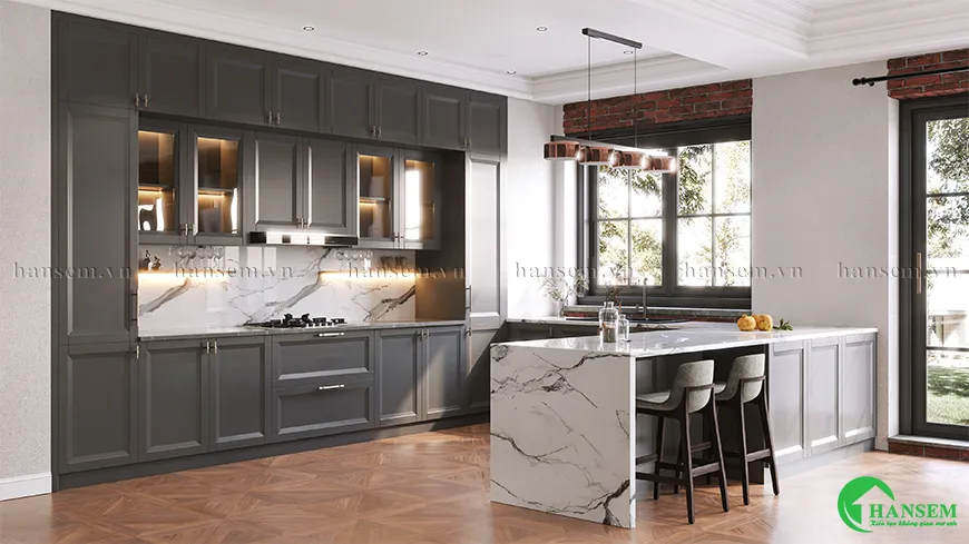 Quầy bar mang hơi hướng chút hiện đại hòa tổng thể vào không gian bếp